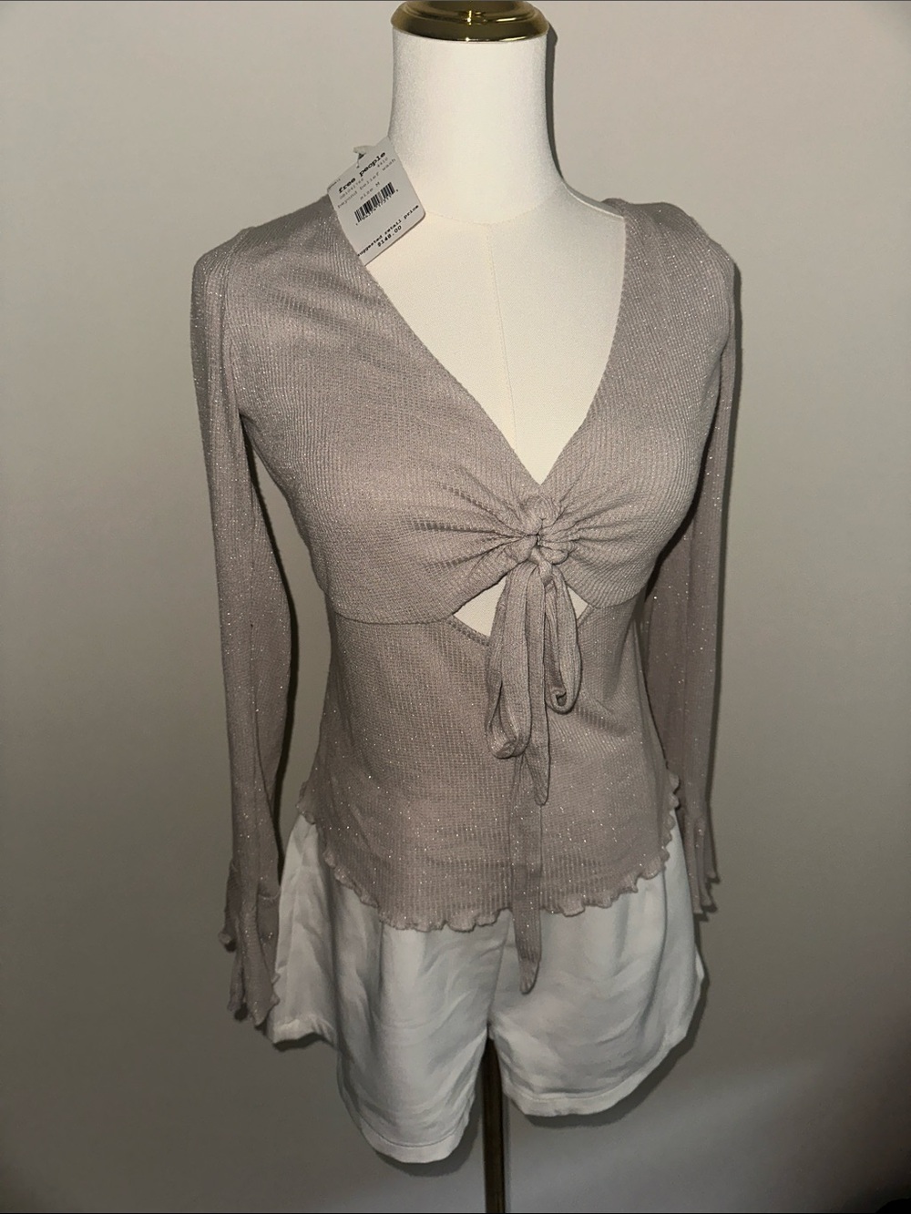 Free People Shimmery Taupe Tie-Front Long Sleeve Top